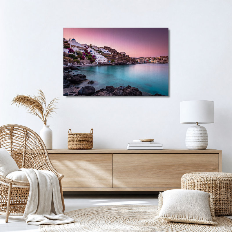 Tableau sur toile représentant des bâtiments blancs et un dôme bleu au coucher du soleil rose, 12"H x 18"W