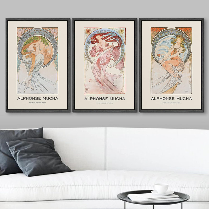 Ensemble de 3 pièces florales d'Alphonse Mucha, H 24 po x l 16 po x P 1,5 po, Cadre en plastique noir