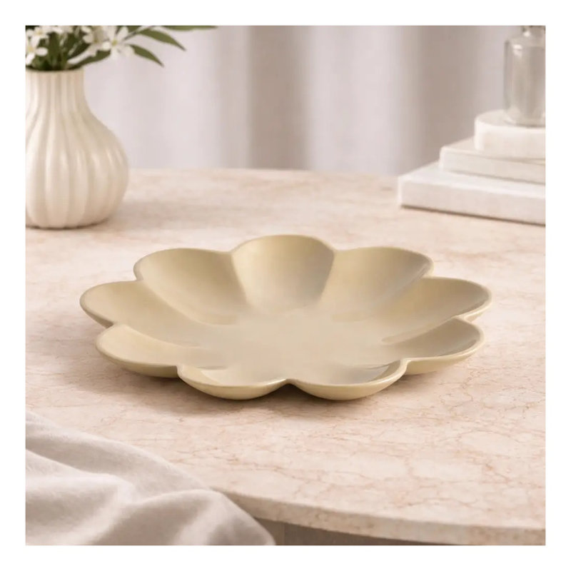 Modern Beige Aluminum Petal-Shaped Decorative Tray, 11.5-Inch Contemporary Centerpiece Dish