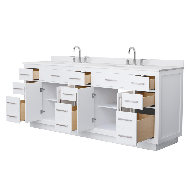 Meuble-lavabo double 84 po Beckett, Blanc, Brushed Nickel, Marbre de culture blanc