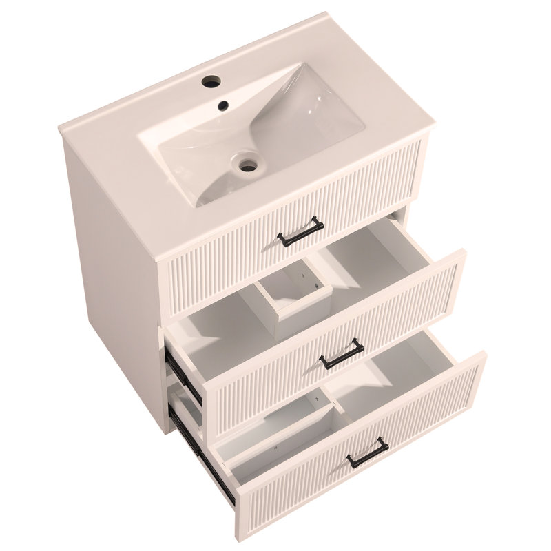 Ensemble de meuble-lavabo 30 po avec lavabo en céramique, armoire de rangement moderne autoportante avec 2 tiroirs, Blanc
