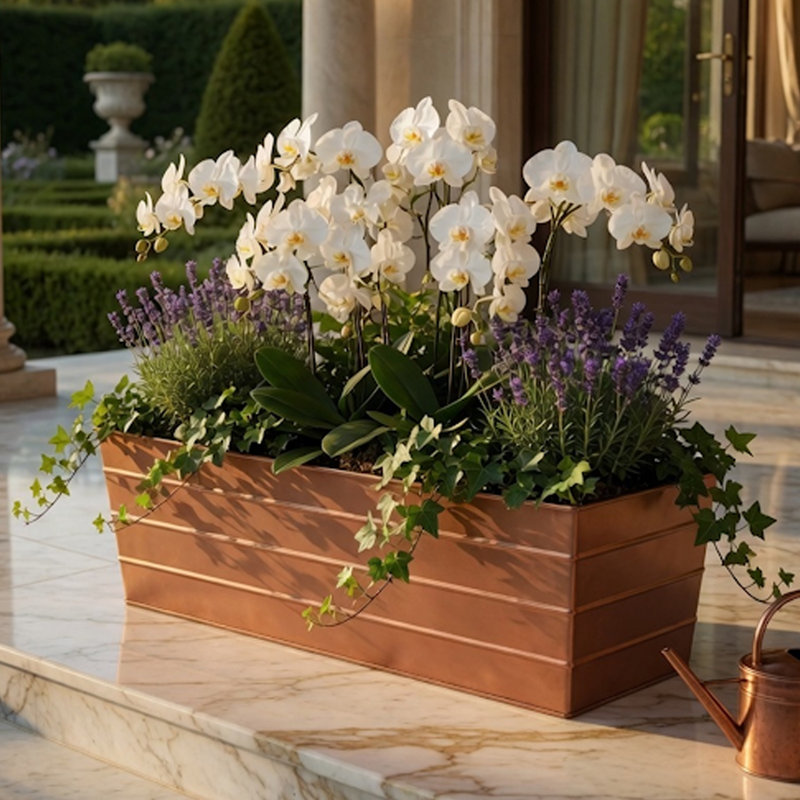 35.5" Copper Plated Galvanized Steel Rectangular Window Box Planter with Embossed Design and Drainage Holes