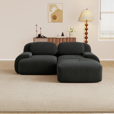  82" L-Shape 2-Seat Sofa with Ottoman, Corduroy, 28" Deep Seat, No Assembly Required, Black
