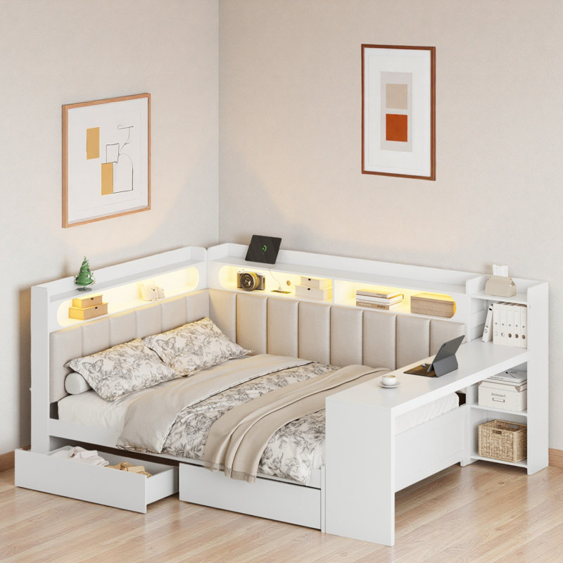 Upholstered Daybed With Storage Shelves, Drawers, Charging Station, Led Light And Desk, White
