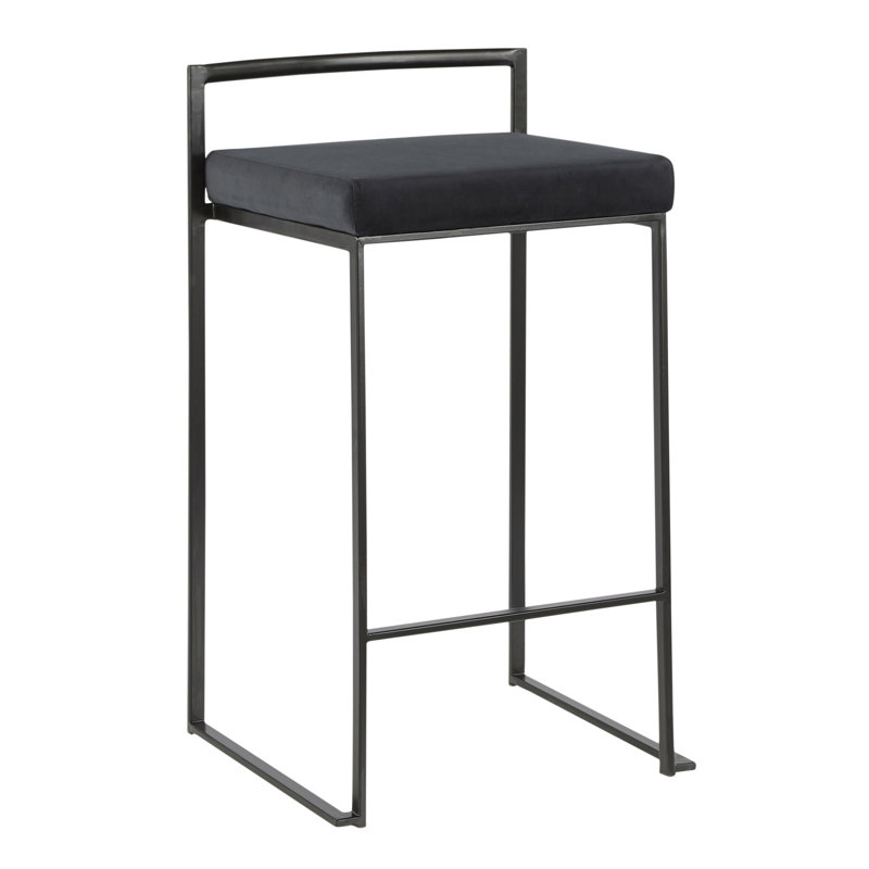 Ensemble de 3 tabourets de comptoir empilables 26 po en métal noir avec coussin noir, Noir, Noir
