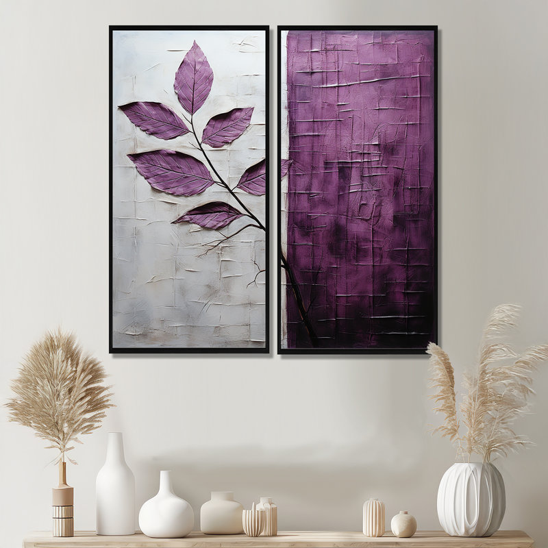 «Purple Leaves Plum Precision» - art mural sur toile mauve, H 40 po x l 40 po, Impression encadrée flottante, Noir