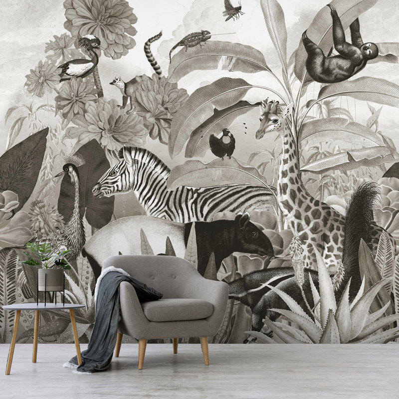 Superfresco Easy Jungle Animals Black & White Print To Order Fixed Size 2.8m x 3m Mural
