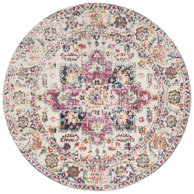Tapis oriental fuchsia et ivoire Christa, Rond 6 pi 7 po