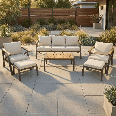 6-Piece Outdoor Patio Conversation Set, Steel Frame Furniture with 3-Seat Sofa, Armchairs, Ottomans & Acacia Wood Coffee Table, Cushioned Seating for Garden & Poolside