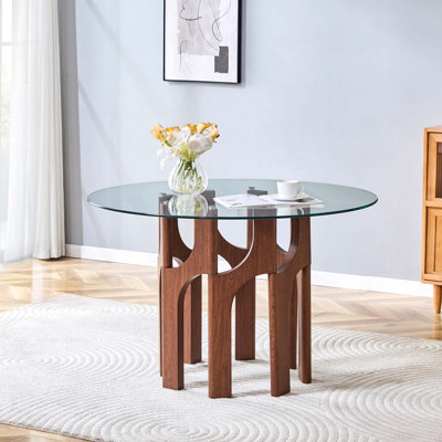 Table de salle à manger ronde en verre trempé, base géométrique sculpturale en panneau de fibres à densité moyenne, table de cuisine compacte pour 2 à 4 personnes pour petits espaces