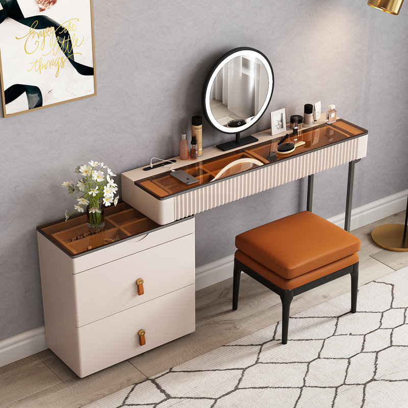 Maurece Solid and Manufactured Wood Glass Top Makeup Vanity with Power Outlet, Pale Pink/Gray