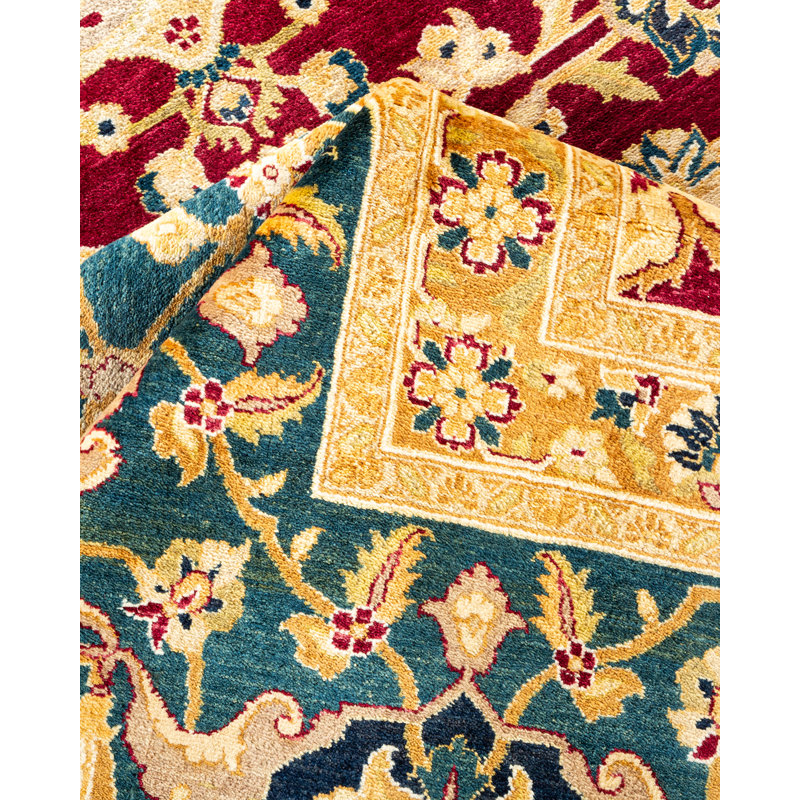 Tapis bleu sarcelle / rouge / jaune noué à la main de conception unique 8 pi 2 po x 10 pi 6 po Keenan