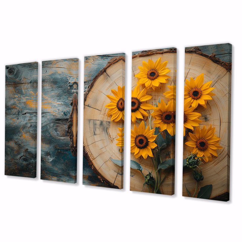 Décoration murale traditionnelle tournesols Donnivan - 5 pièces, H 32 po x l 80 po