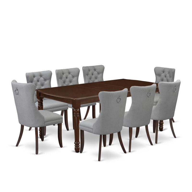 Cet ensemble de salle à manger 9 pièces comprend une table de cuisine rectangulaire avec feuille papillon et 8 chaises rembourrées en tissu de polyester, 42 x 78 pouces, acajou