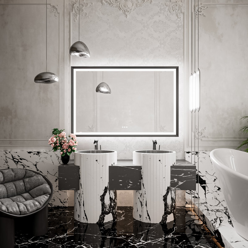 Miroir de salle de bain DEL rétroéclairé New Rockford, 55 po x 36 po, Noir, Rectangulaire