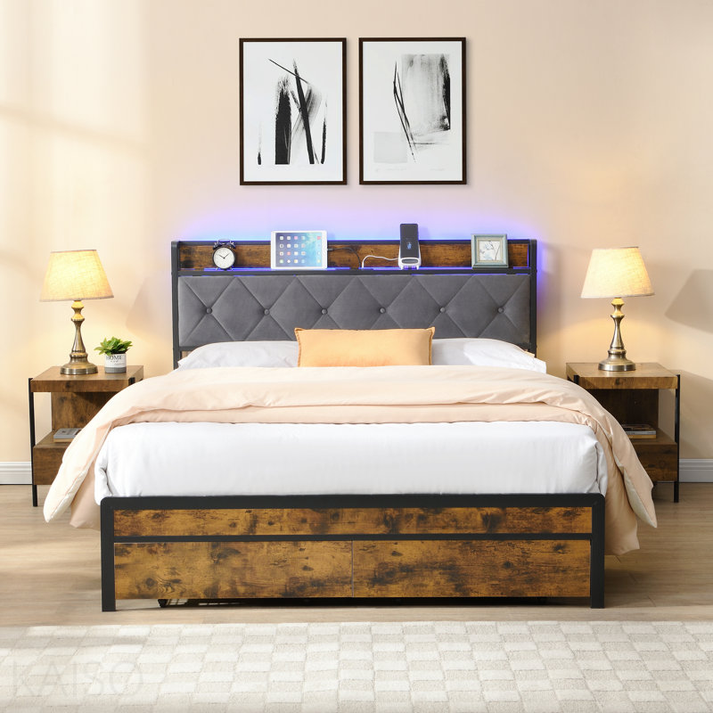 Full Bed Frame With Storage, Bed Frame With Led Lights Upholstered Headboard And 2 Drawers, Usb & Charging Station, No Box Spring Needed, Easy Assembly, Grey F