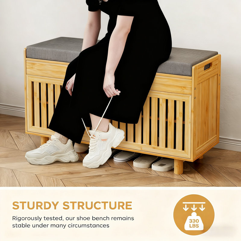 Bamboo Shoe Storage Bench With 2 Doors & Lift Top, 35.4 Inch Entryway Bench With Padded Cushion, 2-Tier Hidden Storage Organizer For Entryway Living Room