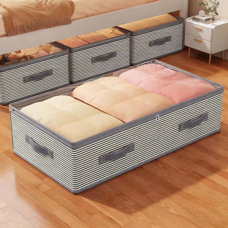 Large Striped Under Bed Storage Bag Household Organizer Moistureproof Foldable Storage Box For Clothes Blankets Bedding Space Saving Home Use