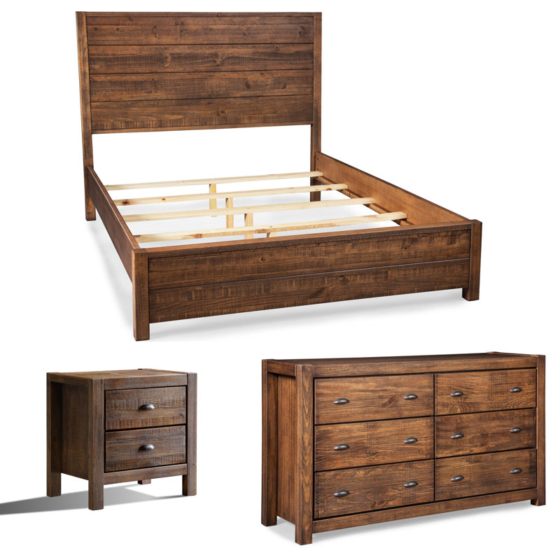 Montauk Solid Wood Bedroom Set, Rustic Walnut, Queen, 3 Pcs: Bed, Nightstand, Double Dresser