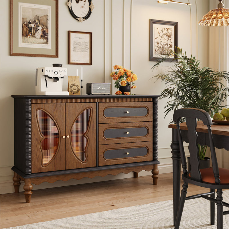 47.24" Modern Retro Solid Wood Sideboard with Butterfly Glass Doors & Large-Capacity Drawers, Simple Style Cabinet for Living Room & Entryway