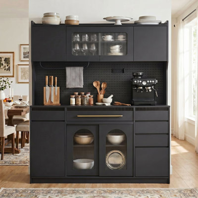 63" W Freestanding Pantry Cabinet, Large Coffee Bar Storage Cabinet, with Pegboard,Towel Rack, Power Outle,6 Drawers, 5 Cabinets with Adjustable Shelves,Easy to Assembly