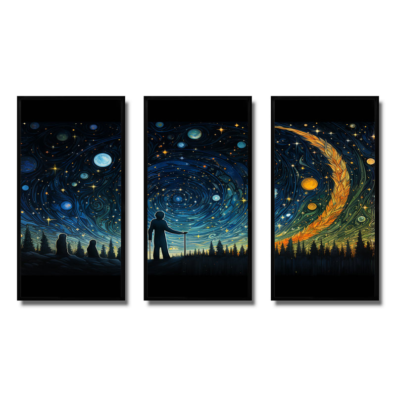 Yellow And Blue Night Skies Planets - Space Planet Wall Art, 28" H x 36" W x 1" D, Black Floater Framed