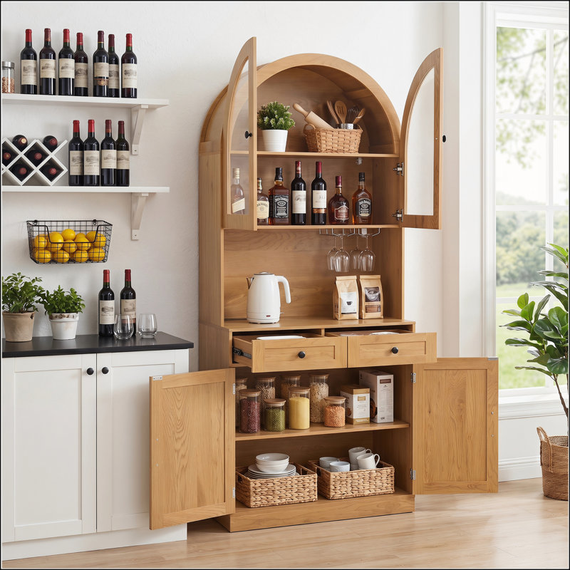 Grand garde-manger arqué 75 pouces Farmhouse avec station de charge, tablettes réglables et comptoir ouvert pour la cuisine et le salon, chêne