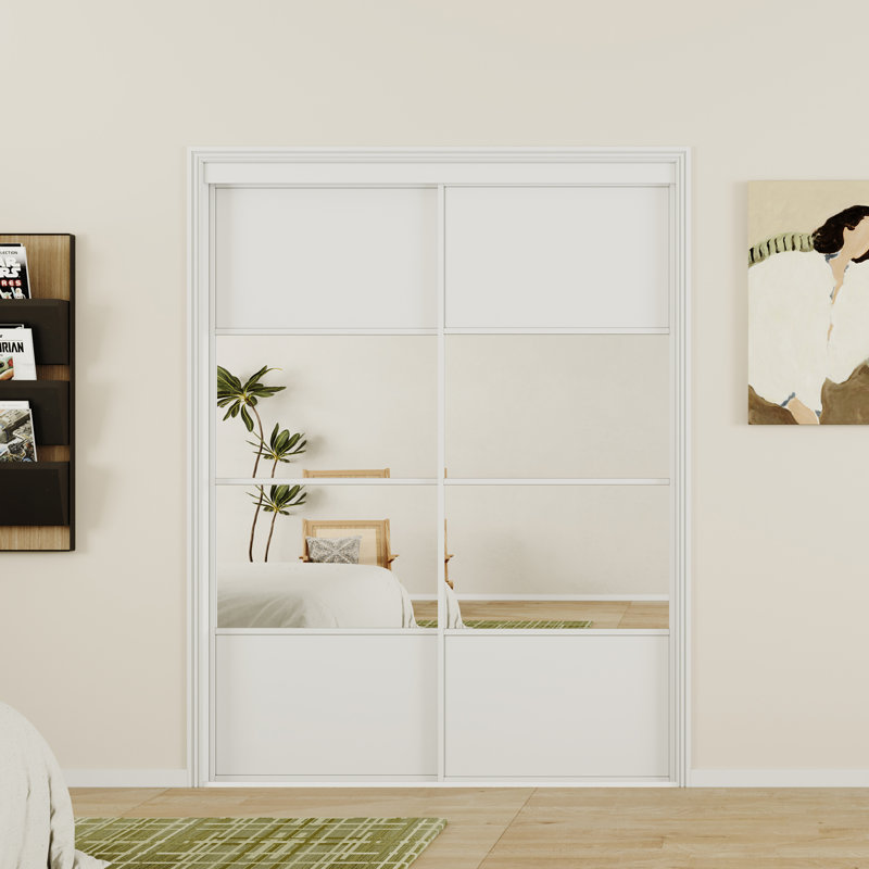 Portes CHIC MODE 60 po x 80 po, porte coulissante en bois MDF mi-miroir mi-blanc, 4 carreaux, avec quincaillerie, 60"x80"