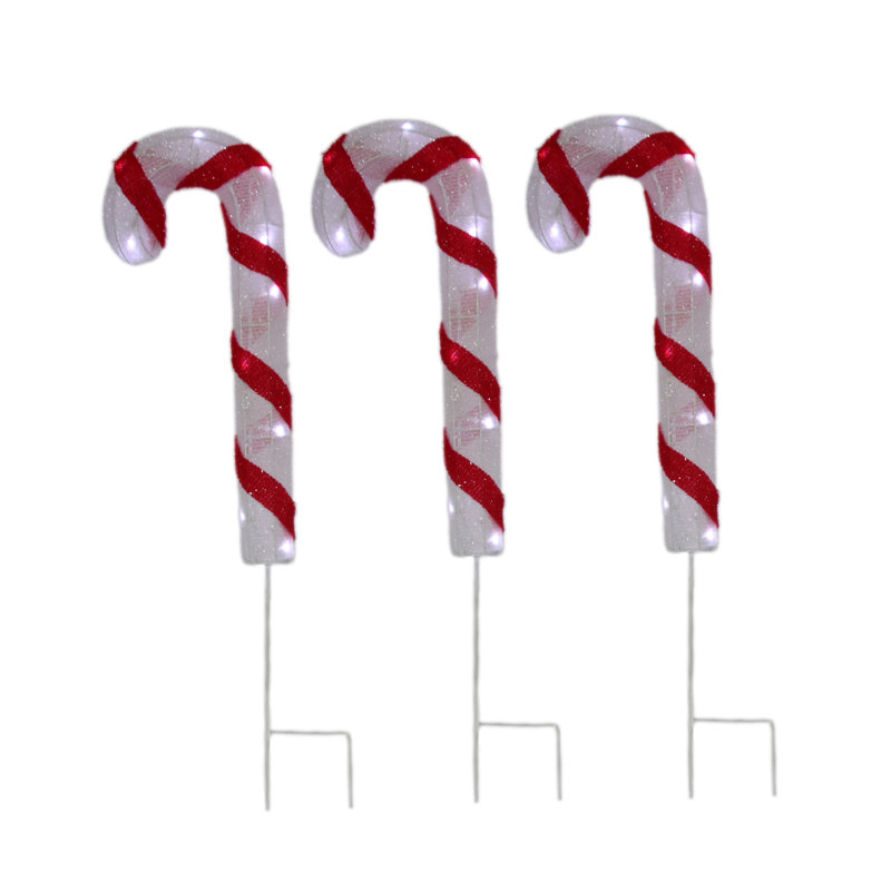 Set of 3 Red and White Lighted Candy Cane Lawn Stakes