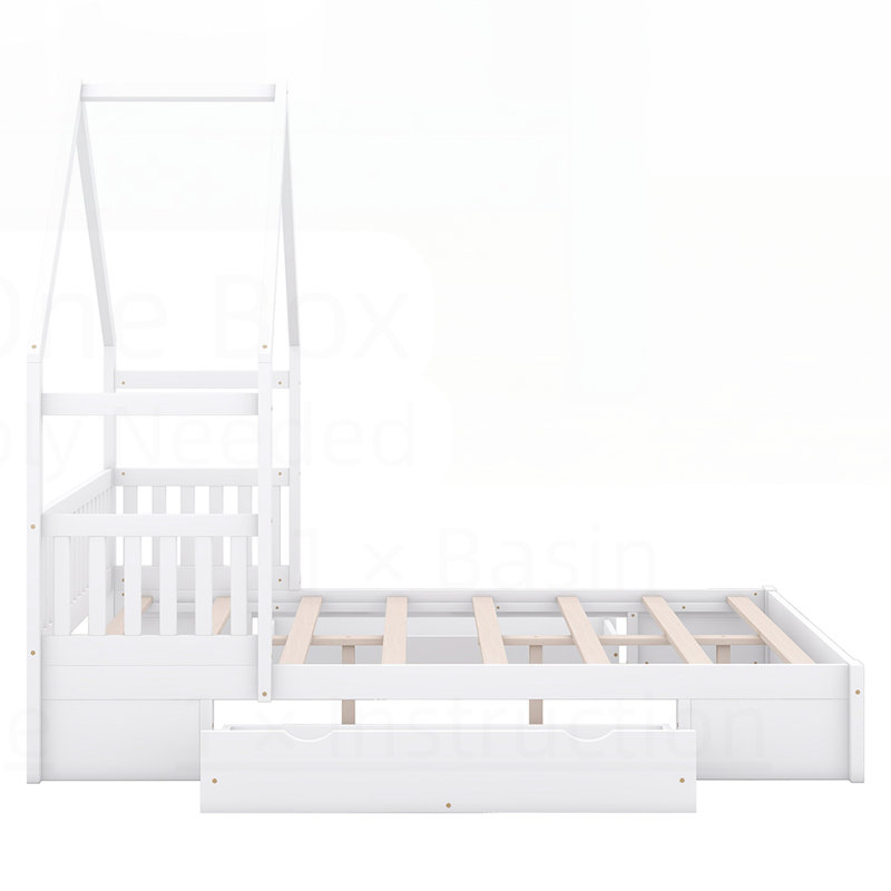 Wood Queen Platform House Bed with Guardrail & 2 Storage Drawers, Pine & MDF, Safe & Sturdy Kids Bedroom Furniture, White