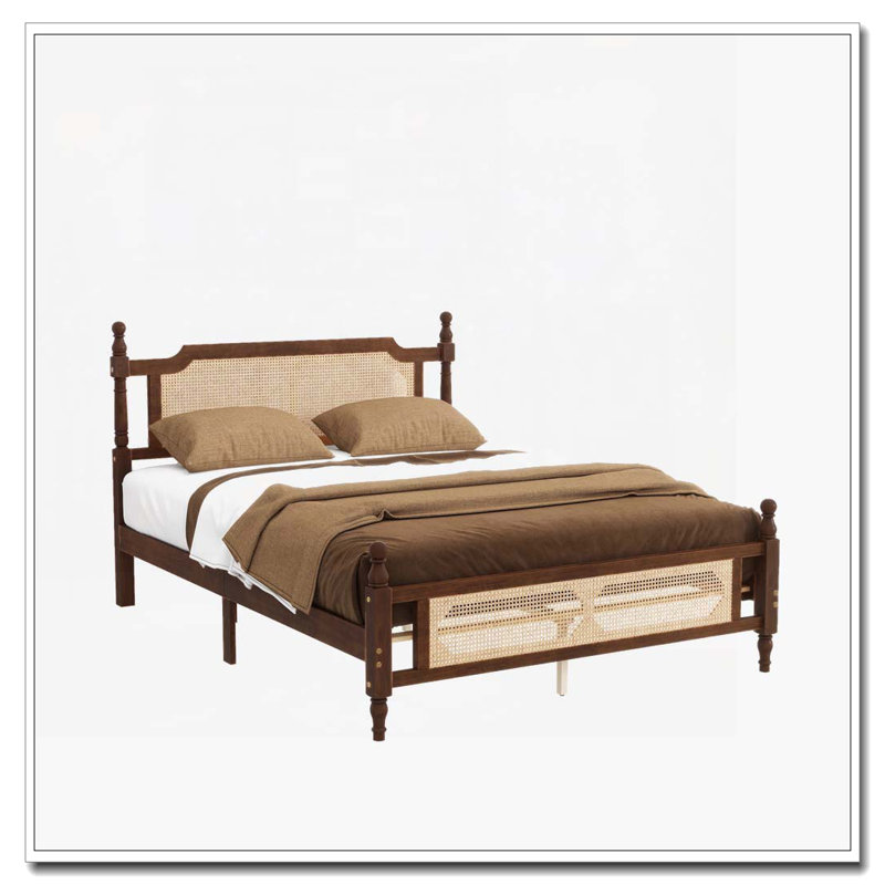 Lit en bois de pin avec tête et pied de lit en rotin, Grand lit, Noyer