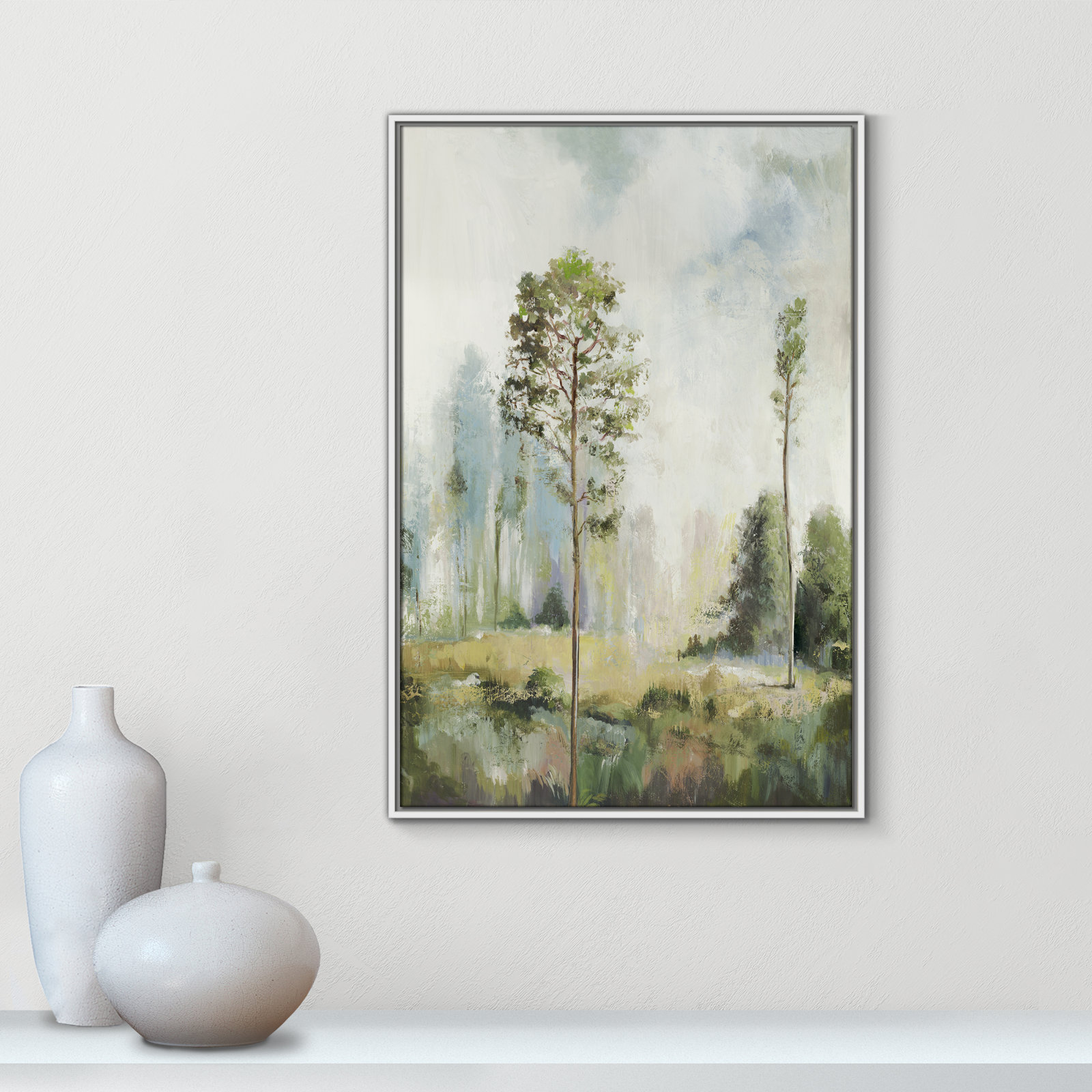 Tall Green Trees I by Teton Pearce - Floater Frame Print on Canvas, 37.5" H x 25.5" W, White