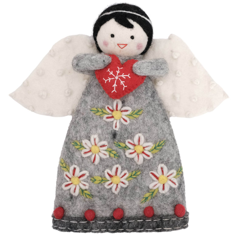 Handmade Grey Felt Angel Tree Topper with Floral Design