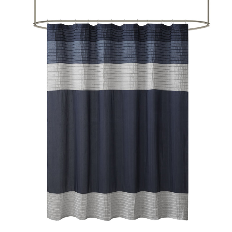 Navy and Gray Faux Silk Striped Shower Curtain