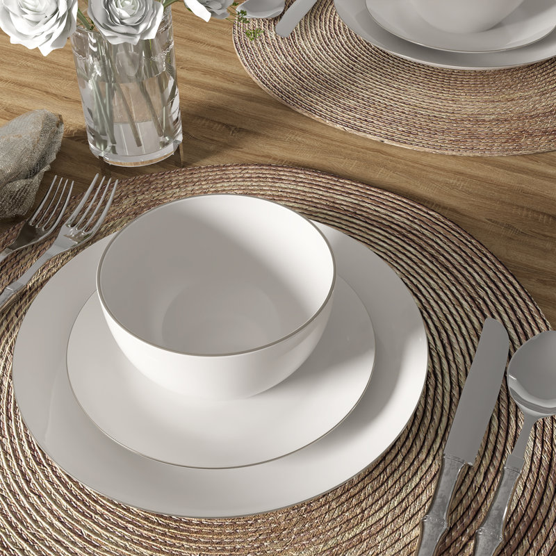 Service de table en porcelaine 12 pièces, service pour 4, Home Royale, blanc avec rebord platine argenté