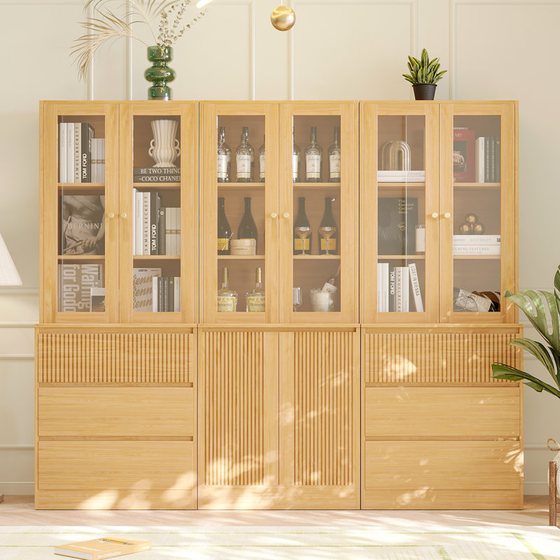 71" H X 70.9" W Bookcase Cabinet With Glass Doors, Modern Bookshelf With Large Drawers(A+2D)