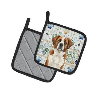 Brown and White Saint Bernard Coastal Sea Glass Pair of Pot Holders
