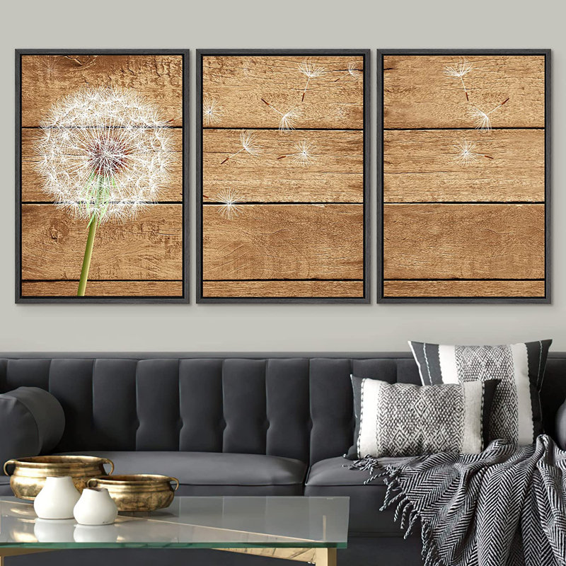 Windy White Summer Dandelion Flower - 3 pièces, reproduction sur toile, H 24 po x l 48 po x P 1,5 po, Cadre noir