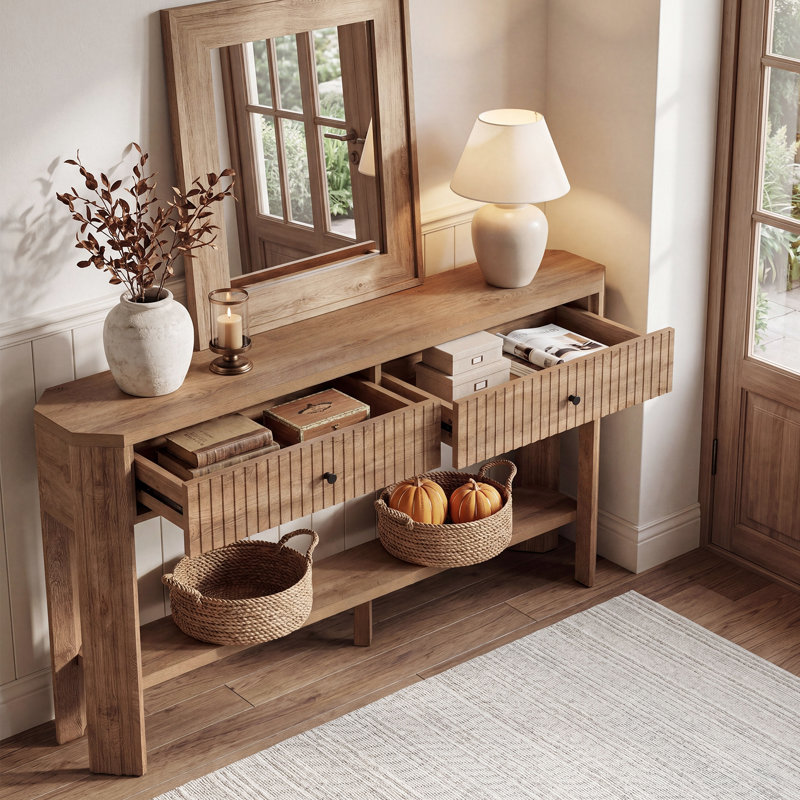 59-Inch Console Table with 2 Drawers, Narrow Entryway Table with Shelf, Fluted Sofa Tables Behind Couch for Living Room, Hallway