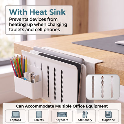 Dual‑Tier Clamp‑On Desk Side Storage Organizer, No‑Drill Hanging File Rack with Pen Holder, Heavy‑Duty Steel Space‑Saving Office Desk Caddy for Papers & Stationery, White