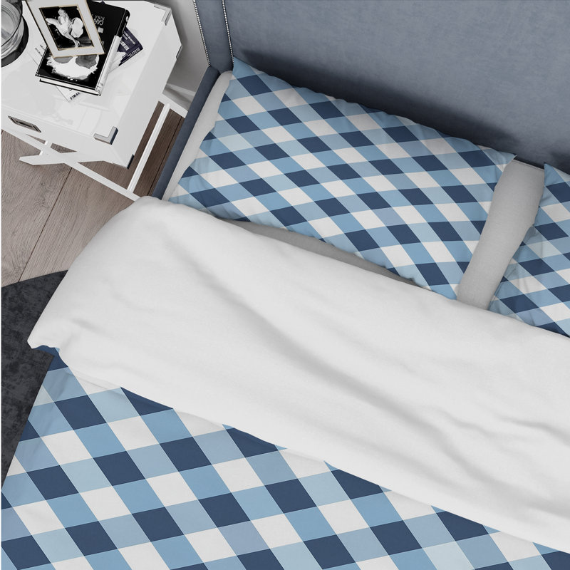 Ensemble de housse de couette moderne à imprimé vichy bleu et blanc, Housse de couette simple et deux taies décorative