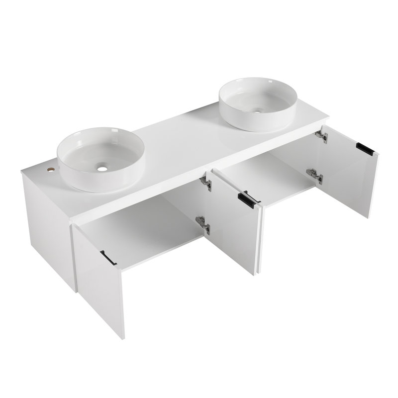 60" Bathroom Vanity with Sink, 60 Inch Floating Vanity, Double Sink Wall Mounted Vanity Combo, Modern White Bathroom Vanity Set with 4 Doors and Ceramic Basin Sink