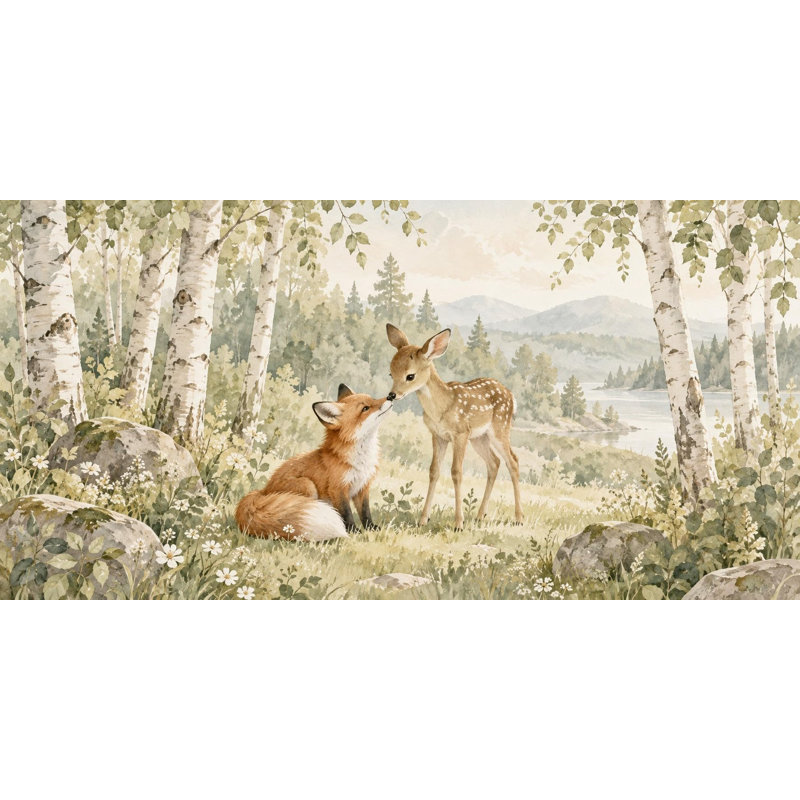 Fox and Fawn Wallpaper Mural, Peel and Stick Kids Room Wall Mural, Watercolor Woodland Nursery Wallpaper, 305 x 254 cm