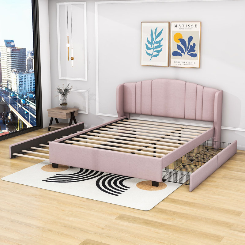 Grand lit plateforme tapissier 2 tiroirs Mackeroy, Rose