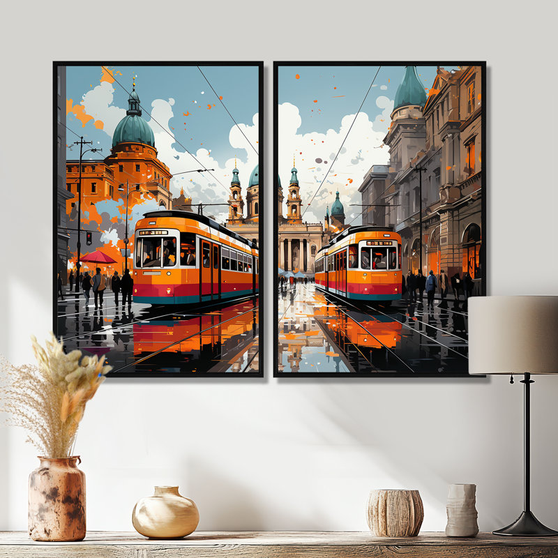 «City Vienna Train Popart I», ensemble d'art mural traditionnel multicolore de 2, Impression encadrée flottante, Noir