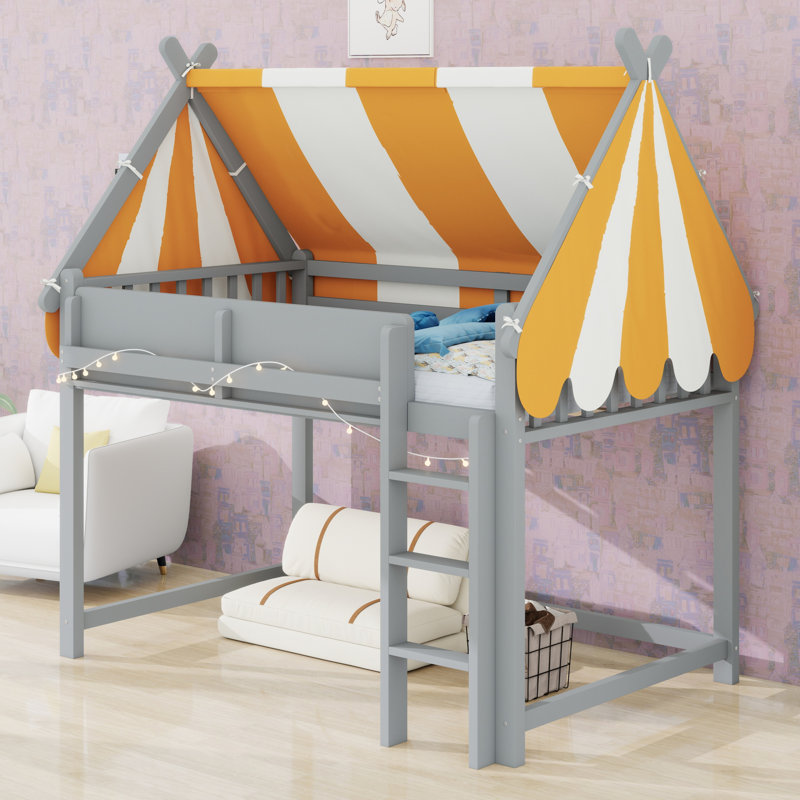 Loft Bed Featuring Canopy, LED Lights, And Book Shelf, Gray
