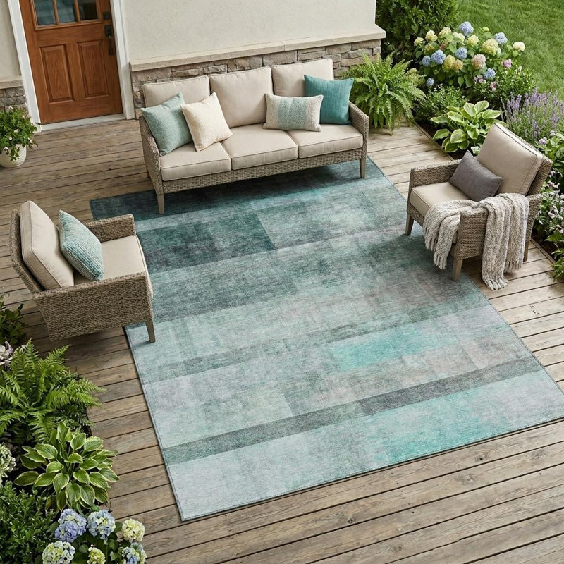 8' X 10' Teal Ombre Washable Non Skid Indoor Outdoor Area Rug