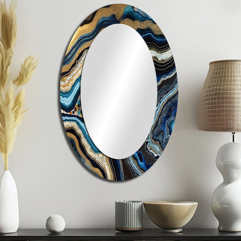 Gold Blue Geode Gems - Miroir mural en pierre, 43 po x 33 po, Ovale