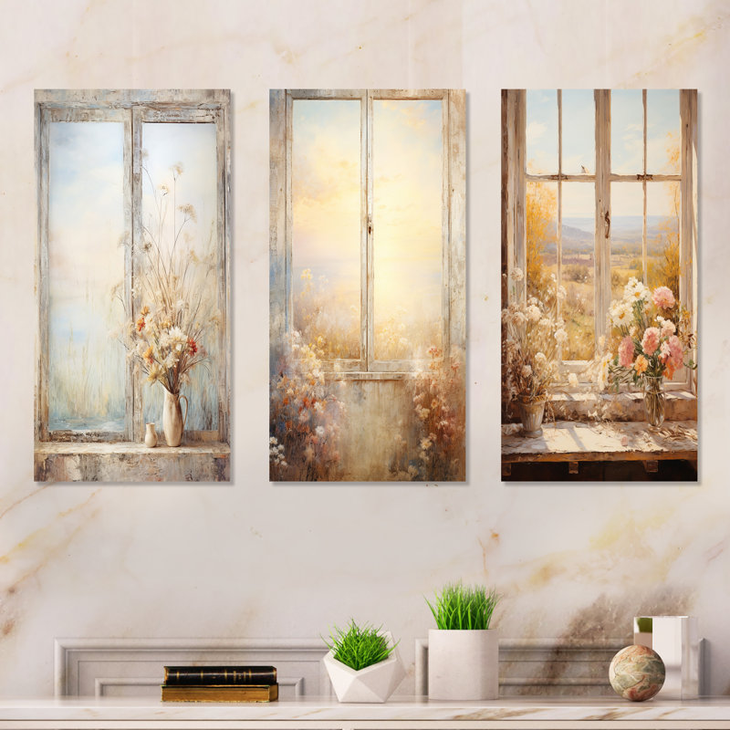 «Vintage Floral Meadow Windows View I - Floral Window», ensemble de 3 reproductions d'art en métal, H 32 po x l 48 po