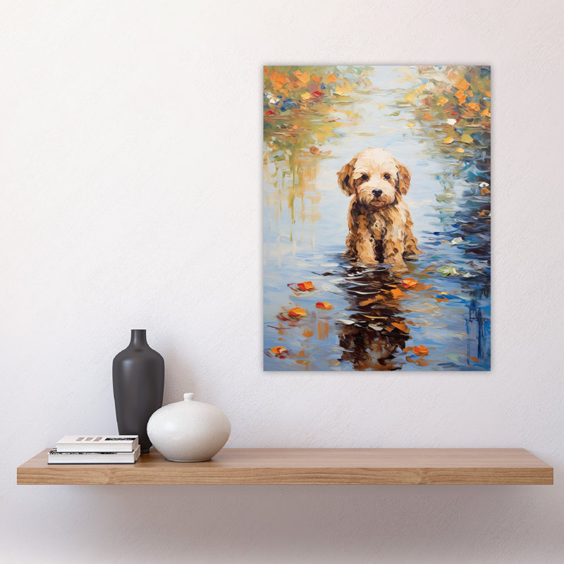 Cockapoo And Autumn Leaves In Lake Claude Monet Style Dog Oil Painting Large Wall Unframed Art Poster Print Thick Paper 18X24 Inch